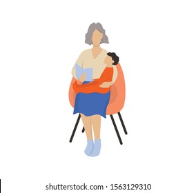 Isolated vector illustration of grandmother reading a book to her grandson out loud. Old lady with her grandson in the armchait. Happy family concept