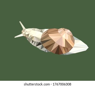 Isolated vector illustration of Grape snail in lowpoly style on a green background. 