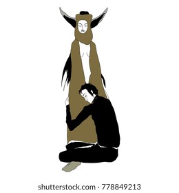 Isolated vector illustration. Great Mother and her lover. Based on hand drawn original style art.