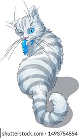 Isolated vector illustration of a grey striped cat with a captured fish.