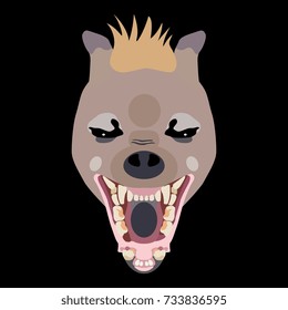 Isolated vector illustration of grinning hyena face with open jaws. Cartoon style. On black background. 