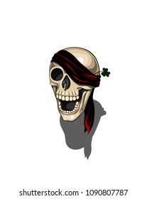 Isolated vector illustration of a grinning scull with dark velvet bandage covering one eye and a leaf of clover.