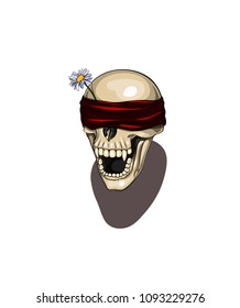 Isolated vector illustration of a grinning vampire scull with red velvet bandage covering both eyes and daisy flower.