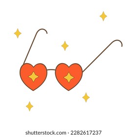 Isolated vector illustration in groovy style: eyeglasses with thin spectacle frame and red heart-shaped glasses. Retro elements with 70s vibes is perfect for stickers, prints, posters, flyers, decor
