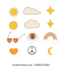 Isolated vector illustration in groovy style: clouds, glasses, sun, star moon, peace symbol and heart. Retro elements with 70s vibes is perfect for stickers, prints, posters, flyers, gift decoration