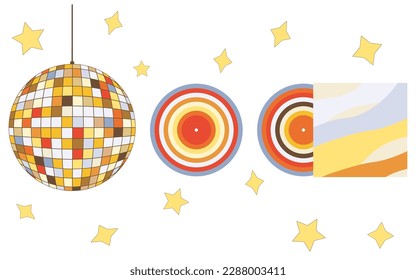 Isolated vector illustration in groovy style: multicolor vinyl record and disco ball. Retro elements with 70s vibes is perfect for stickers, prints, posters, flyers, gift decoration etc.