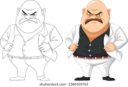 An isolated vector illustration of a grumpy middle-aged mafia man with a mustache and bald head