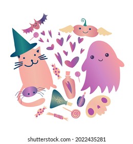 Isolated vector illustration of Halloween attributes ghost, cat and other in pastel tones. Happy Halloween decorative design. Perfect for decorations, cards, advertisements, stickers