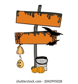 Isolated vector illustration of Halloween signs, bats, pumpkins, spider webs. Pole with pointers all saints day blank for designer, logo, icon, frame, blank space for inscription, mockup