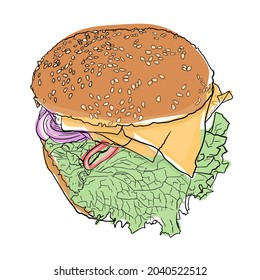 Isolated vector illustration of a hamburger, cheeseburger. Take food with you, quick snack, logo, icon