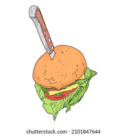 Ilustración vectorial aislada de una hamburguesa, hamburguesa de queso. Lleva comida contigo, bocadillo rápido, logotipo, icono