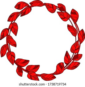 Isolated vector illustration, hand drawing, red rose leaf wreath. Round, circle, frame for invitations to weddings and holidays