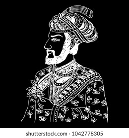 Isolated vector illustration. Hand drawn linear sketch of a medieval Muslim bearded noble man in turban holding a rose. Vintage portrait of an Indian prince, raja or sultan. White silhouette on black 