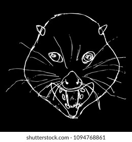 Isolated vector illustration. Hand drawn linear sketch of opossum's face. Doodle style. White silhouette on black background.