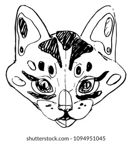 Isolated vector illustration. Hand drawn linear sketch of a stylized domestic cat's face. Black silhouette on white background. Doodle style.