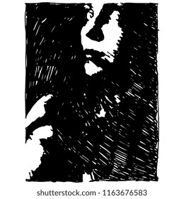 Isolated vector illustration. Hand drawn linear closeup portrait of a scared young woman in darkness. Black and white silhouetted sketch.