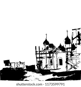 Isolated vector illustration. Hand drawn black and white sketch. Russian landscape with ancient temple in the process of reconstruction. 