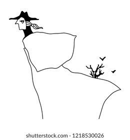 Isolated vector illustration. Hand drawn linear ink sketch of fantastic character. Old fashion Puritan pastor in a hat outdoors. Black silhouette on white background.