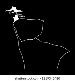 Isolated vector illustration. Hand drawn sketch of a fantastic character. Romantic Victorian man in a hat. White linear silhouette on black background.