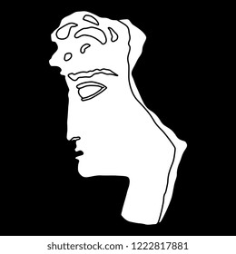 Isolated vector illustration. Hand drawn linear black and white silhouette of a broken antique human sculpture head.