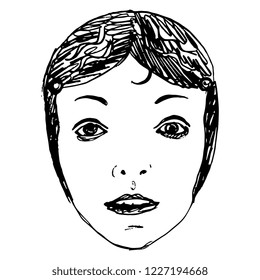 Isolated vector illustration. Hand drawn linear doodle sketch of a female face. Style of 20s. Black silhouette on white background.