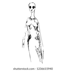 Isolated vector illustration. Hand drawn sketch of a ghost woman. Black and white linear silhouette.
