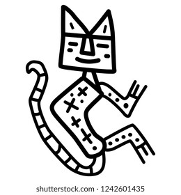 Isolated vector illustration. Hand drawn linear doodle sketch of stylized smiling cat. Ancient Peruvian tribal motif. Parasac culture. Black silhouette on white background.