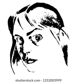 Isolated vector illustration. Hand drawn sketch of a female face. Black and white silhouette.
