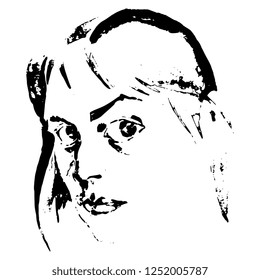 Isolated vector illustration. Hand drawn sketch of a female face. Black and white silhouette.