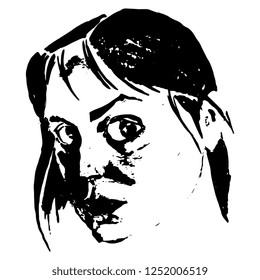 Isolated vector illustration. Hand drawn sketch of a female face. Black and white silhouette.