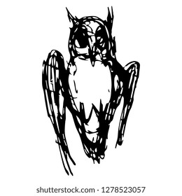 Isolated vector illustration. Hand drawn doodle linear ink sketch of an owl. Black silhouette on white background.