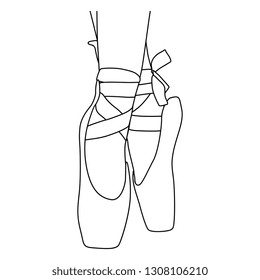 Isolated vector illustration. Hand drawn sketch of ballerina's feet in ballet shoes standing on pointe. Black and white linear silhouette.