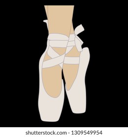 Isolated vector illustration. Hand drawn sketch of ballerina's feet in ballet shoes standing on pointe. On black background.