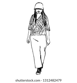 Isolated vector illustration. Hand drawn linear doodle sketch of a standing girl in summer clothes. Black silhouette on white background.