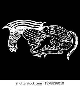 Isolated vector illustration. Hand drawn rough sketch of a stylized horse. Scythian animal style. White silhouette on black background.