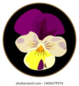 Isolated vector illustration. Hand drawn head of a pansy flower( Viola tricolor) in a circle. Flat cartoon style.