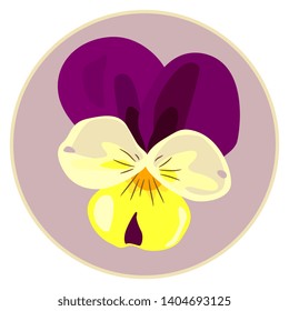 Isolated vector illustration. Hand drawn head of a pansy flower( Viola tricolor) in a circle. Flat cartoon style.