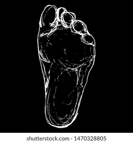 Isolated vector illustration. Hand drawn sketch of a bare human foot or sole. White silhouette on black background.