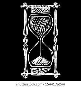 Isolated vector illustration. Hand drawn rough sketch of hourglass. White silhouette on black background.