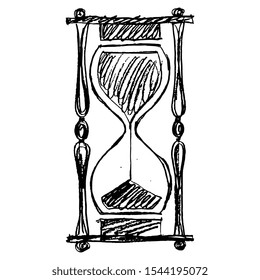 Isolated vector illustration. Hand drawn rough sketch of hourglass. Black silhouette on white background.