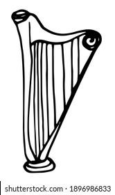 Isolated vector illustration. Hand drawn linear sketch in doodle style musical instrument harp black outline on white background