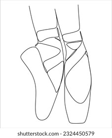 Isolated vector illustration. Hand drawn sketch of ballerina's feet in ballet shoes standing on pointe. Black and white linear silhouette.