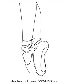 Isolated vector illustration. Hand drawn sketch of ballerina's feet in ballet shoes standing on pointe. Black and white linear silhouette.