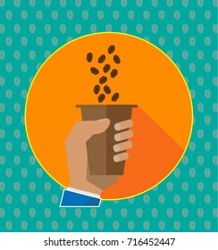 Isolated vector illustration. Hand holding cup of hot drink. Coffee time, coffee break.