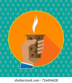Isolated vector illustration. Hand holding cup of hot drink. Coffee time, coffee break. Man cartoon Hand Paper Coffee Cup Latte Americano Espresso. Flat Design Vector Illustration