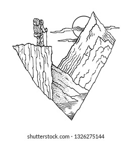 Isolated vector illustration hand sketch pen ink. For printing on t-shirts, logo, tattoo. Black and white drawing.Mountain, nature, outdoor, travel, landscape, hill, tourist, adventure