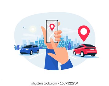 Isolated vector illustration of hands with smartphone app and motorway traffic. Autonomous connected cars on the highway panoramic perspective horizon vanishing point view. Road to the city skyline.