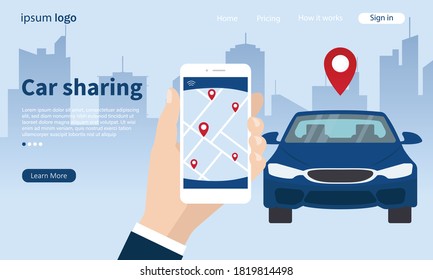 Isolated vector illustration of hands with smartphone app and motorway traffic.