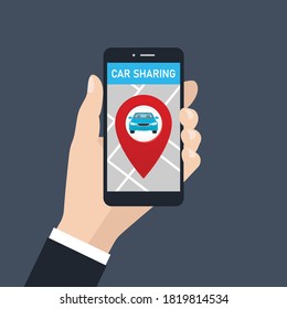 Ilustración vectorial aislada de las manos con aplicación para smartphones y tráfico de autopista.