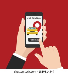 Isolated vector illustration of hands with smartphone app and motorway traffic.